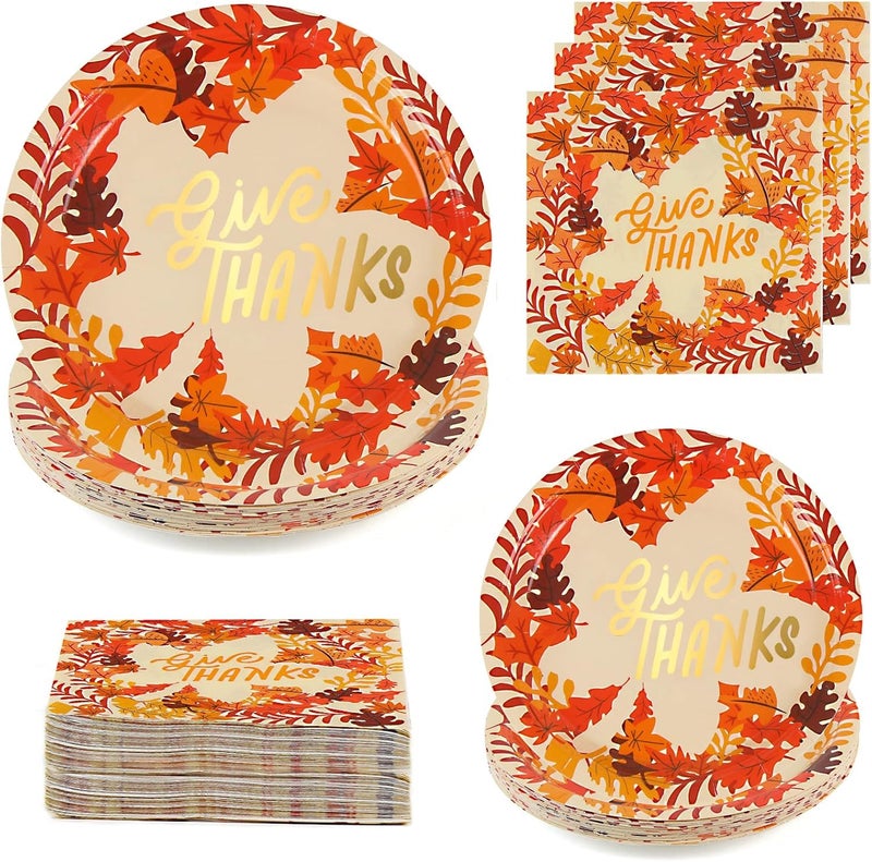 DIYASY 200 Pack Thanksgiving Paper Plates and Napkins, Fall Disposable Plates Dinnerware Heavy Duty Dessert Dinner Plate for 50 Guests Party Supplies - Image 1